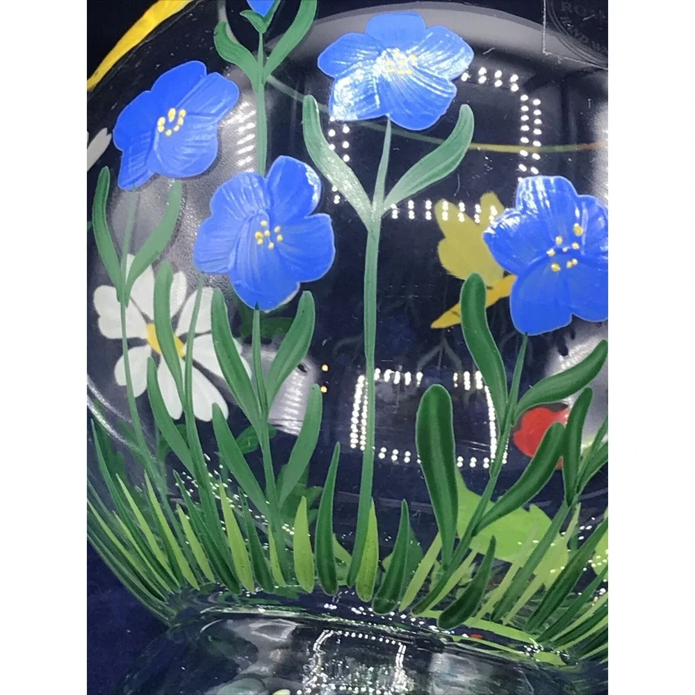Romania Crystal Art Glass Vase Hand Painted Flowers‎ BEE & BUTTERFLY